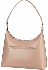 Sac à épaule en cuir beige avec une texture lisse, une forme structurée et une poche frontale zippée. Dispose d'une seule anse courbée.