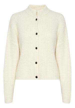 Kremfarget strikket cardigan med høy krage, med seks svarte knapper foran og et teksturert mønster over stoffet.