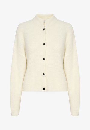 Cream-colored knit cardigan with a high collar, featuring six black buttons down the front and a textured pattern across the fabric.