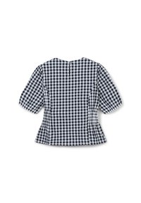 Top corto a maniche corte in checked blu navy e bianco con design a peplum e chiusura a fessura sul retro. Tessuto leggero con un motivo strutturato.