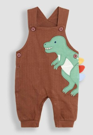 Hnědé propínací kalhoty s žebrováním a výšivkou zeleného dinosaura. Po stranách jsou barevné hřebeny. Připevněné růžovými knoflíky na ramínkách.