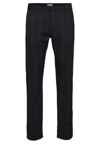 Tmavé kostkované kalhoty s úzkým střihem, zapínáním na knoflíky a bočními kapsami. Vyrobené z texturované látky pro zvýšenou odolnost.