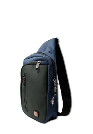 Compact blue and black sling bag with multiple zippered compartments and a black adjustable shoulder strap on white background.