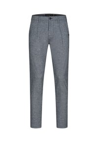 Pantalones grises de corte a medida, hechos de una tela texturizada. Presentan pliegues en la parte delantera, un cierre de botón y piernas rectas con dobladillos recortados.
