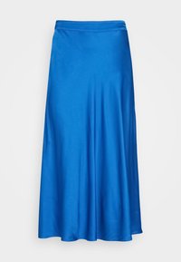 Sinisen satiini-maksihameen sileä rakenne, hienovarainen kiilto ja yksinkertainen, kellotettu muotoilu. Varustettu vyötärökaistalla, joka laskeutuu elegantisti helmalle.