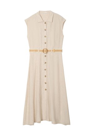 Beige Leinenhemdkleid mit Kragen, kurzen Ärmeln, vorderer Knopfleiste und einem dekorativen gewebten Gürtel mit runder Schnalle.