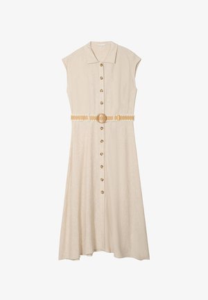 Beżowa sukienka koszulowa z lnu z kołnierzykiem, krótkimi rękawami, guzikami z przodu oraz dekoracyjnym wplecionym paskiem z okrągłą klamrą.