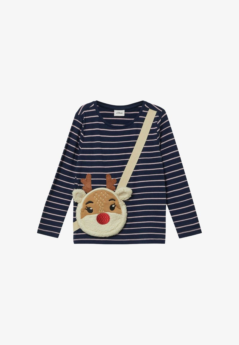 Marine gestreepte langemouwshirt met een pluchen rendier schoudertas met oren, hoorns en een rode neus en wangen, ideaal voor casual draag.