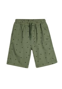Olijfgroene shorts met elastische tailleband en trekkoord, versierd met kleine zwarte bladdessins, voorzakken en knielange snit.