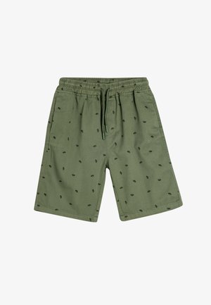 Olivgrüne Shorts mit elastischem Bund und Kordelzug, verziert mit kleinen schwarzen Blattmustern, mit Fronttaschen und knielanger Passform.