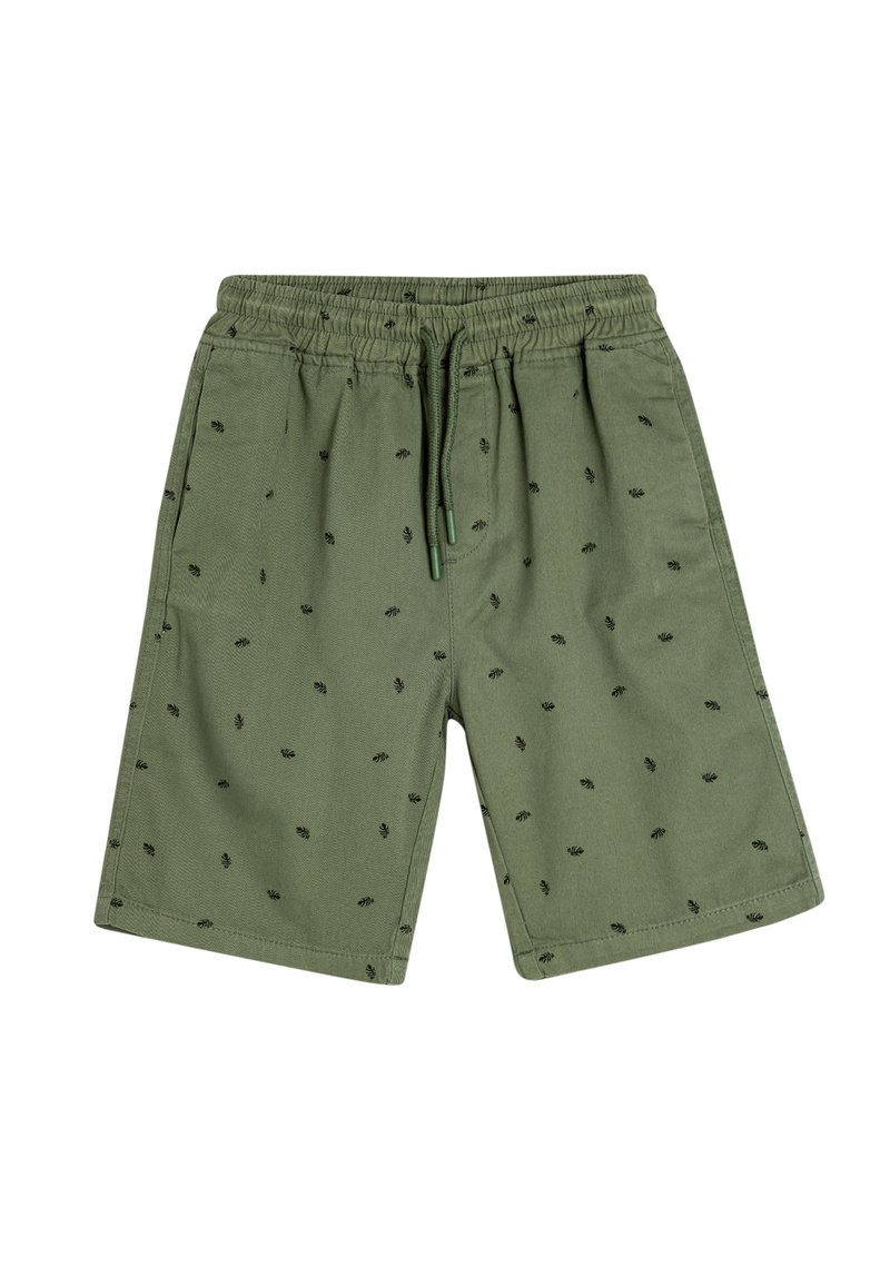 Olijfgroene shorts met elastische tailleband en trekkoord, versierd met kleine zwarte bladdessins, voorzakken en knielange snit.