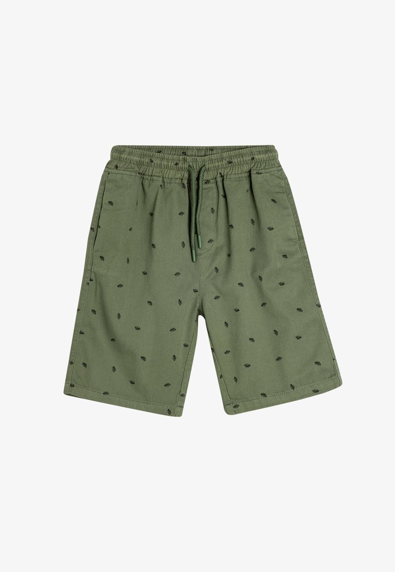 Olijfgroene shorts met elastische tailleband en trekkoord, versierd met kleine zwarte bladdessins, voorzakken en knielange snit.