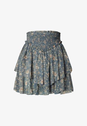 Blauer Blumenrock mit einer gerafften Taille. Er verfügt über schichtweise Rüschen, einen strukturierten Stoff und ein leichtes, zartes Blumenmuster in Creme und Rosa.