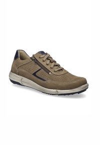 Sneaker en cuir perforé marron avec des accents navy, dotée d'un système de fermeture à lacets et à zip, d'une semelle extérieure en caoutchouc surélevée et d'un col rembourré.