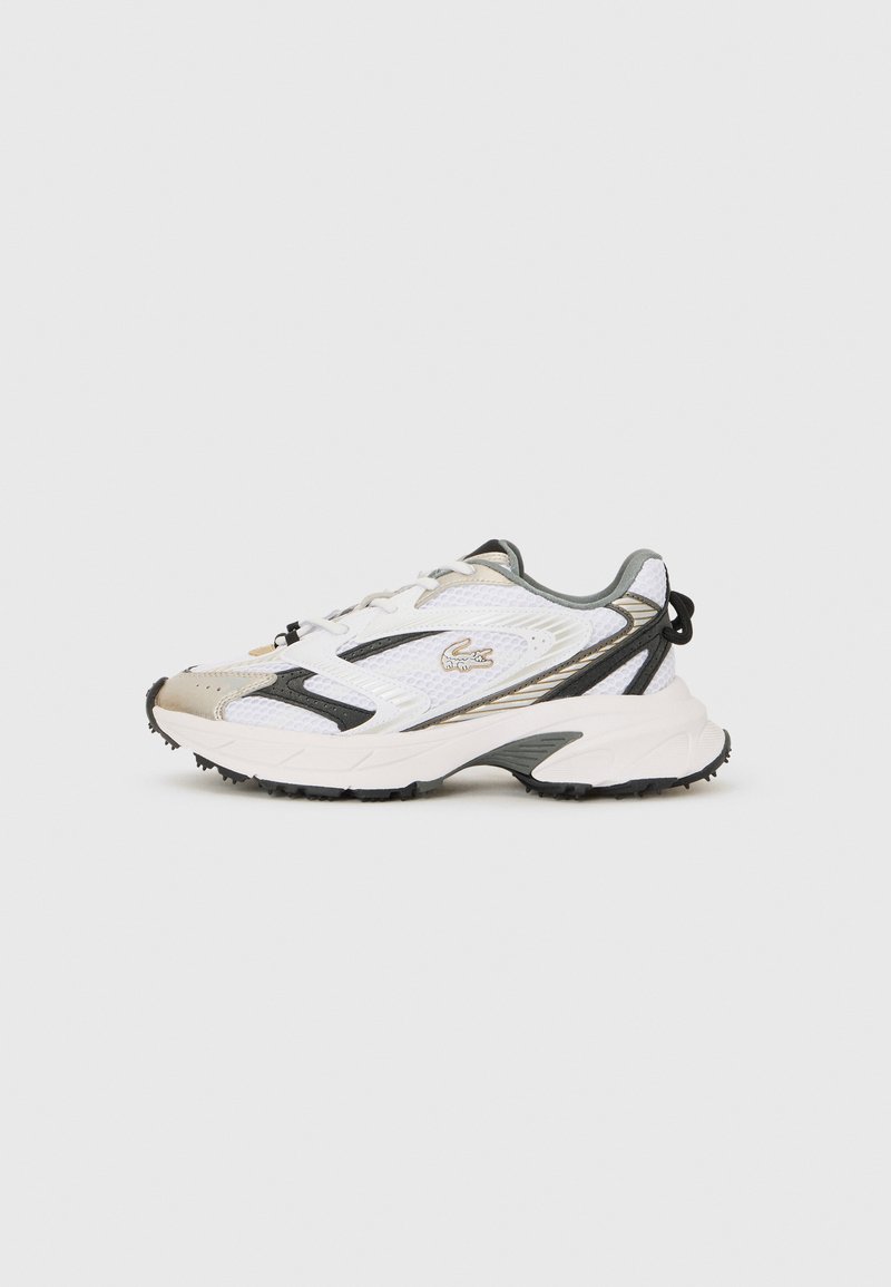 White and gray sneakers with mesh upper, black accents, and textured sole. Features laces, branding, and contrasting design elements.