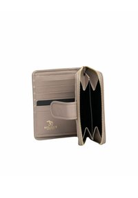 Beige leather wallet with multiple card slots, a snap button, and a zippered compartment with divided sections for coins or bills.