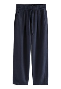 Námořnické modré lněné kuloty s elastickým pasem a šňůrkou, obsahující boční kapsy a volný, zkrácený střih.
