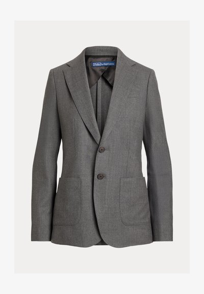 Gray tailored blazer made of textured fabric, featuring a notched lapel, two front pockets, and two brown buttons for closure.