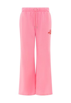 Rosa weite Sweatpants mit elastischem Bund und Kordelzug, mit kleinem roten Schriftzug „Feel Good Club“ am oberen linken Oberschenkel.