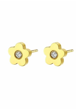 Gold flower-shaped earrings featuring a central clear gemstone. Smooth surface with rounded petals and straight posts for fastening.