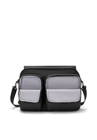 Czarna i szara prostokątna torba na ramię z dwoma przednimi kieszeniami na zamek oraz regulowanym czarnym paskiem na białym tle.