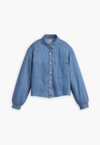 Denim jacket in light blue with a collared neck, button front, two chest pockets, and gathered sleeves. Features contrast stitching.