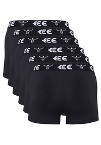Schwarze Boxer-Shorts mit elastischem Bund, ausgestattet mit einem weißen Logo und Design. Set aus fünf, glatte Textur, mittellange Beine.