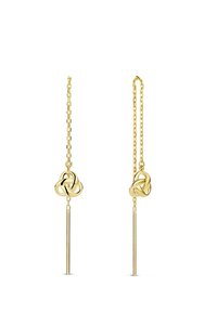 Boucles d'oreilles dorées avec un design de nœud entrelacé, des maillons en chaîne et des tiges droites, mettant en valeur une texture lisse et une finition polie.