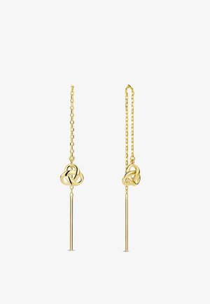 Ohrringe in Goldton mit einem ineinander verschlungenen Knotendesign, Kettengliedern und geraden Stäben, die eine glatte Textur und ein poliertes Finish präsentieren.