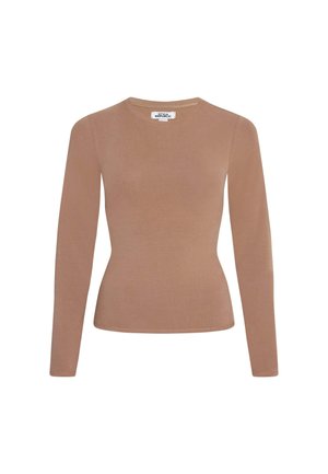 Long-sleeve top in a soft, light brown fabric. It features a round neckline, slim fit, and smooth texture with minimal seams.