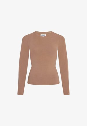 Long-sleeve top in a soft, light brown fabric. It features a round neckline, slim fit, and smooth texture with minimal seams.