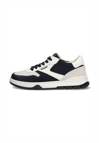 Sneaker mit Obermaterial aus marineblauem Wildleder und cremefarbener Leder, schwarzen Akzenten, Gummisohle, runder Zehenform und Schnürverschluss. Mit strukturierten Einsätzen.