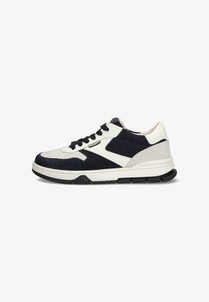 Sneaker featuring navy suede and cream leather upper, black accents, rubber sole, round toe, and lace-up closure. Textured panels present.