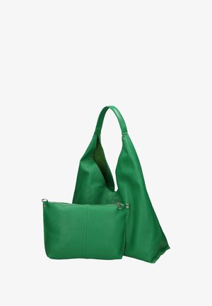 Groene leren tote bag met twee handvatten, voorzien van een zachte textuur en een afneembare ritstas in bijpassend groen.