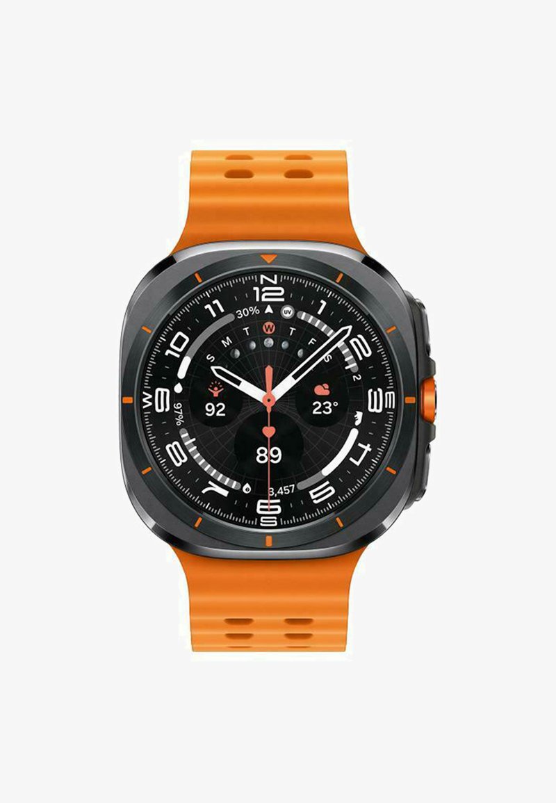 Black smartwatch with orange silicone strap, round face, digital display, and multiple features including heart rate and temperature readings.
