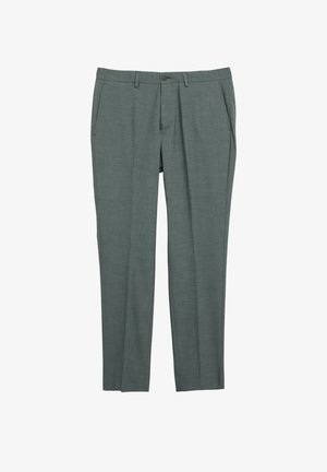 Pantalon habillé gris avec plis à l'avant, poches latérales, passants de ceinture et fermeture à bouton, posé à plat sur un fond blanc.