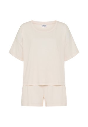 Weiches beiges Kurzarmoberteil und passendes Shorts-Set, schlichtes Design mit rundem Ausschnitt und lockerer Passform für legere Trageweise.
