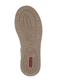 Semelle de chaussure avec un motif de semelle texturé, taille 37, et logo "rieker" rouge sur un matériau en caoutchouc beige.