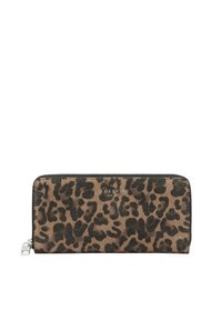 Portfel w panterkę z brązowego i czarnego zamszu, z zamkiem błyskawicznym i srebrnymi okuciami. Z przodu znajduje się logo marki.