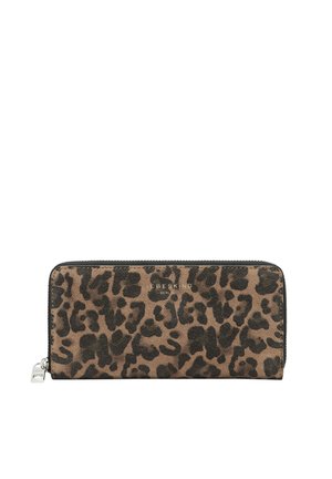 Portfel w panterkę z brązowego i czarnego zamszu, z zamkiem błyskawicznym i srebrnymi okuciami. Z przodu znajduje się logo marki.