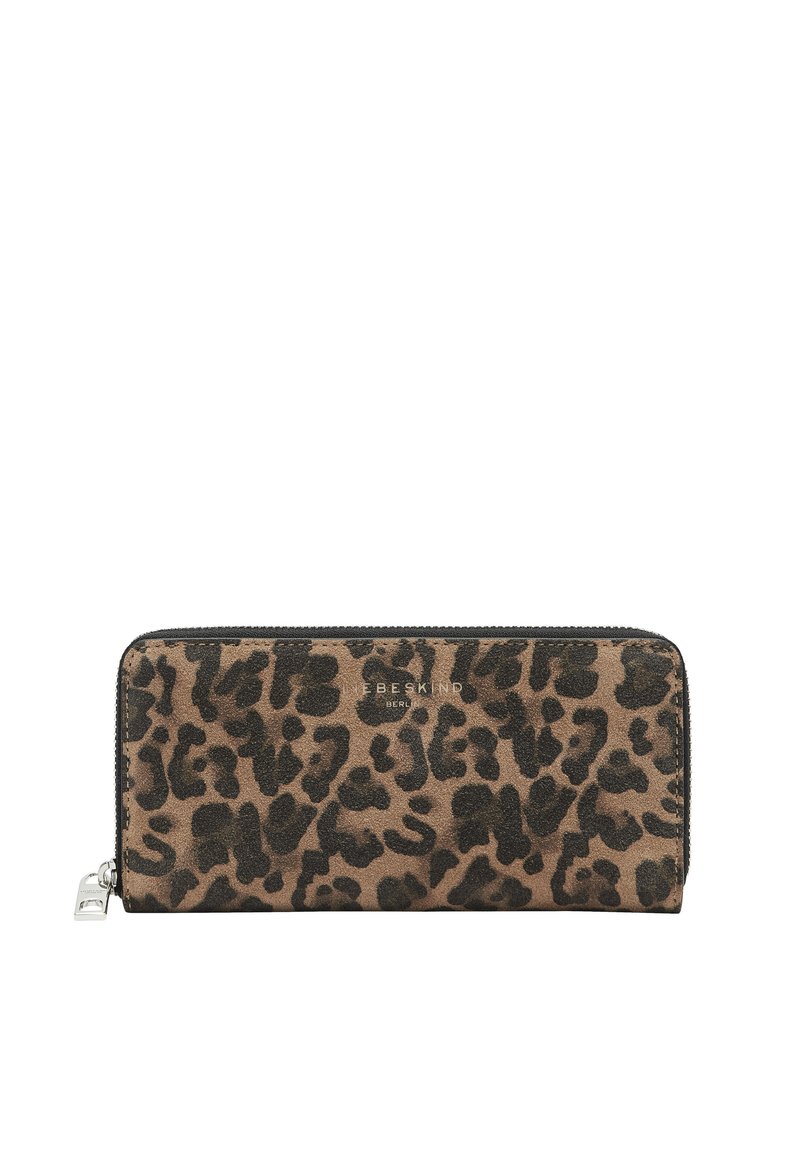Portfel w panterkę z brązowego i czarnego zamszu, z zamkiem błyskawicznym i srebrnymi okuciami. Z przodu znajduje się logo marki.