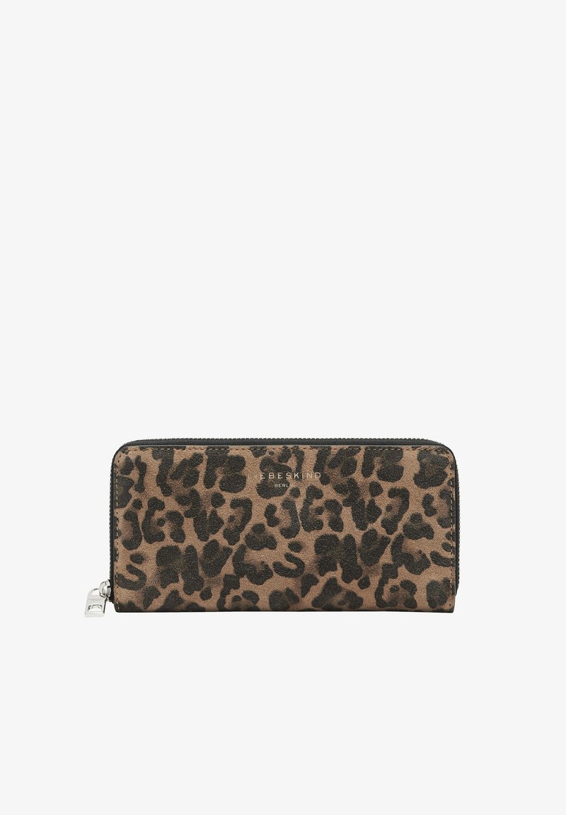 Portfel w panterkę z brązowego i czarnego zamszu, z zamkiem błyskawicznym i srebrnymi okuciami. Z przodu znajduje się logo marki.