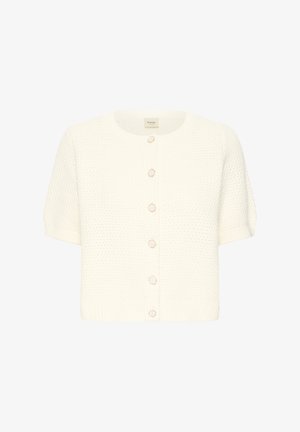 Hvid strikket kortærmet cardigan med rund halsudskæring, prydet med seks lyse knapper og et tekstureret mønster over hele.