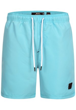 Helle blaue Badeshorts aus glattem Stoff, mit elastischem Bund, Kordelzugverschluss und einem kleinen schwarzen Logopatch.