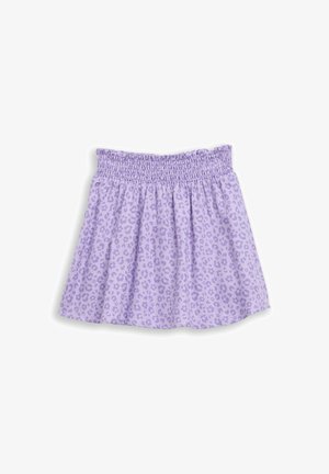 Gonna viola con vita arricciata e motivo leopardato in varie tonalità di viola, distesa su sfondo bianco.