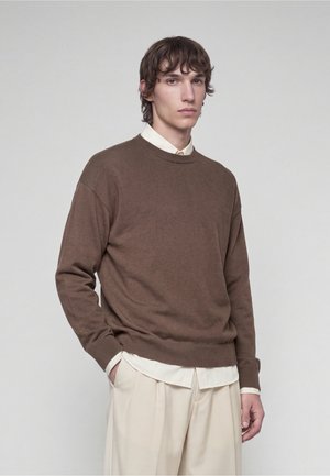 Ung mand med brun sweater over hvid skjorte og cremefarvede bukser, stående med den ene hånd i lommen mod ensfarvet baggrund.