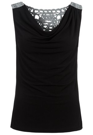 Schwarzes ärmelloses Top mit silberner Spitzenverzierung an den Schultern und silbernem Häkel-Detail am Ausschnitt, mit drapiertem Vorderteil.