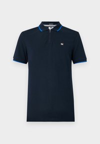 Polo shirt bleu marine en tissu lisse, avec un col zippé, des manches courtes avec des accents bleus et un petit logo sur la poitrine.