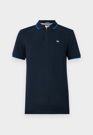 Navy blue polo shirt made of smooth fabric, featuring a zip collar, short sleeves with blue accents, and a small logo on the chest.