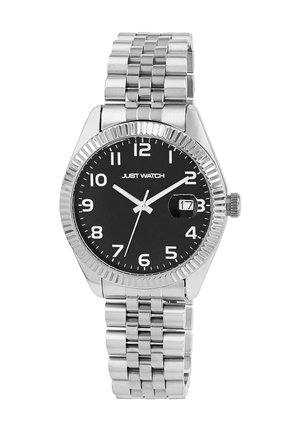 Silberner Edelstahl-Uhrenarmband mit einem schwarzen Zifferblatt, weißen Stundenmarkierungen, einem Datumsfenster auf 3 Uhr und einer strukturierten Lünette.